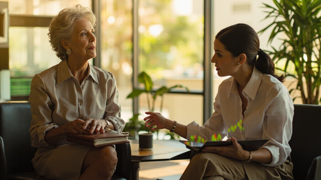 A senior woman discussing diversified retirement investments with her financial advisor