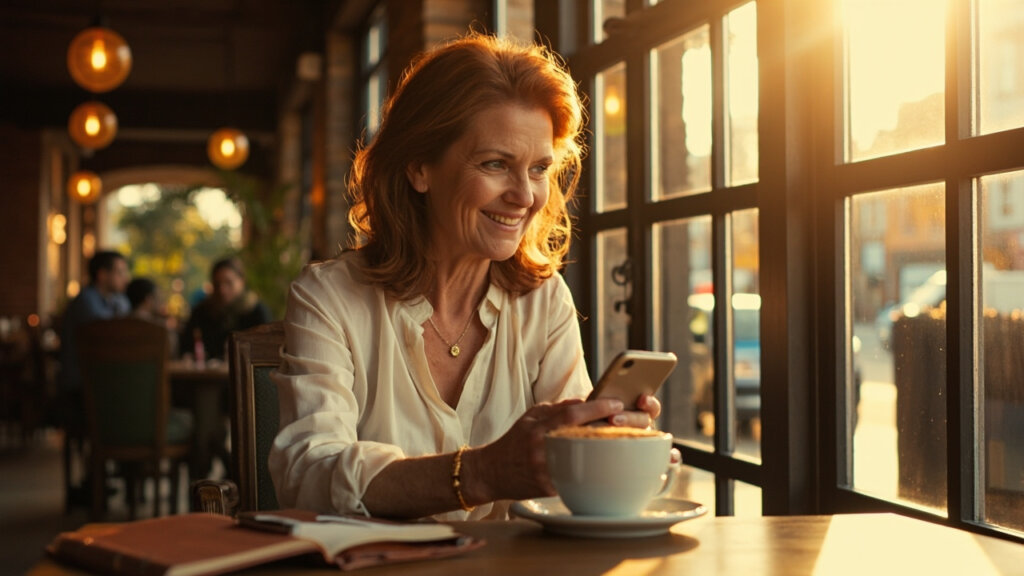A senior woman enjoying a moment while chatting with a new connection through a dating app