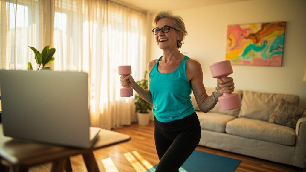 A senior woman following a home workout video on her laptop with light weights