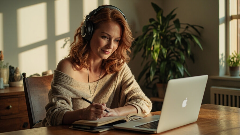 A senior woman taking notes while completing a free online course on her laptop