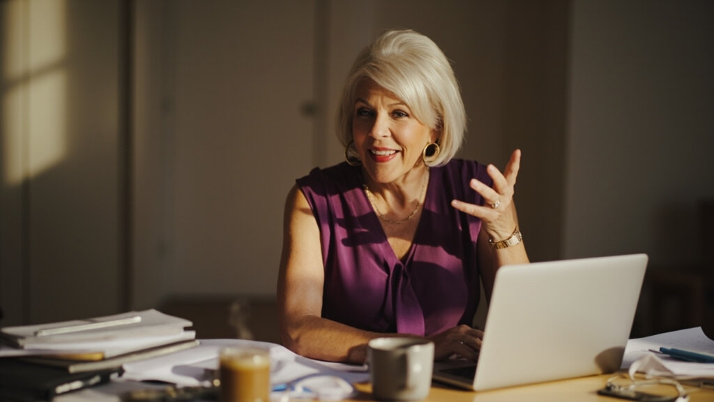 A student in her 50s talking to an online academic advisor about balancing school and life