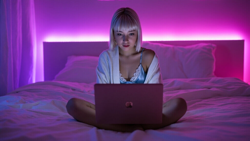 A teen K-pop fan creating a video edit of their favorite idol for TikTok at home