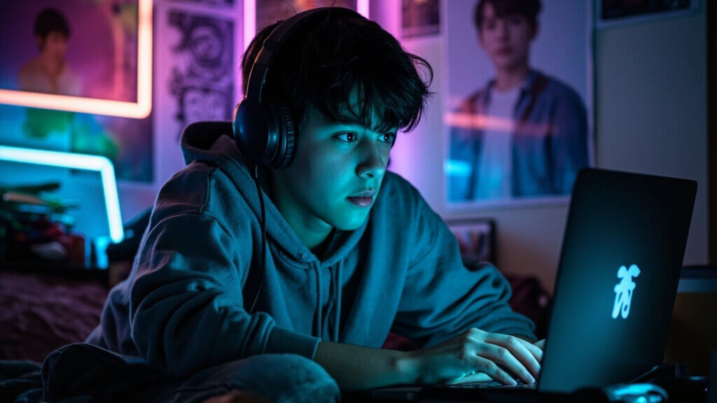 A teenage boy creating a K-pop virtual idol fan edit in his bedroom.