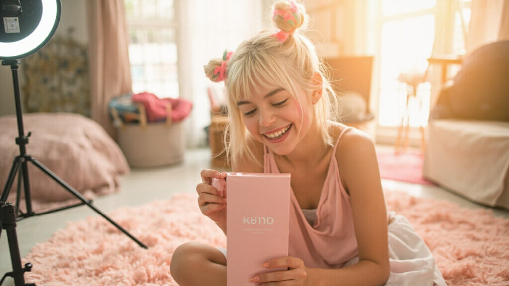 A teenage fan unboxing a skincare product co-branded with their favorite K-pop idol for a social media review