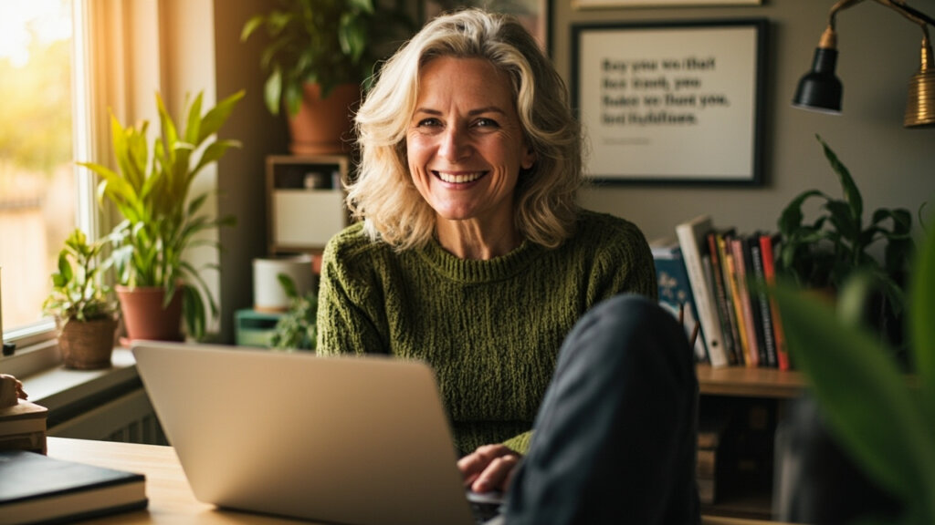 A woman in her 50s freelancing from home and enjoying flexible retirement work