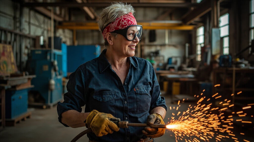 A woman over 50 learning welding skills at a trade school workshop