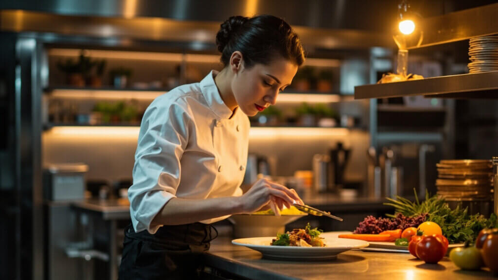 A woman over 50 preparing dishes in a kitchen after finishing culinary school