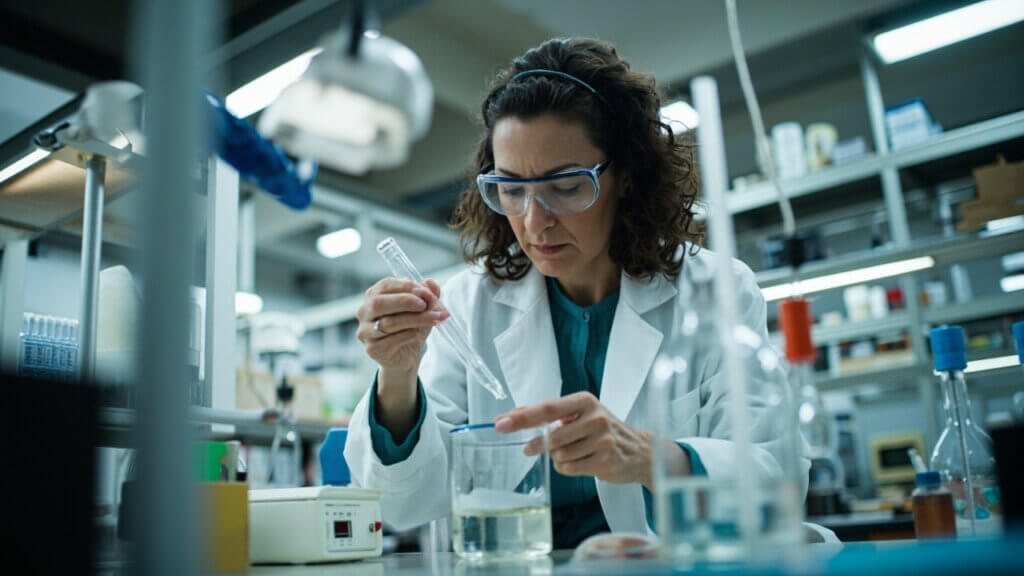 A woman over 50 working confidently on a STEM project in a college lab