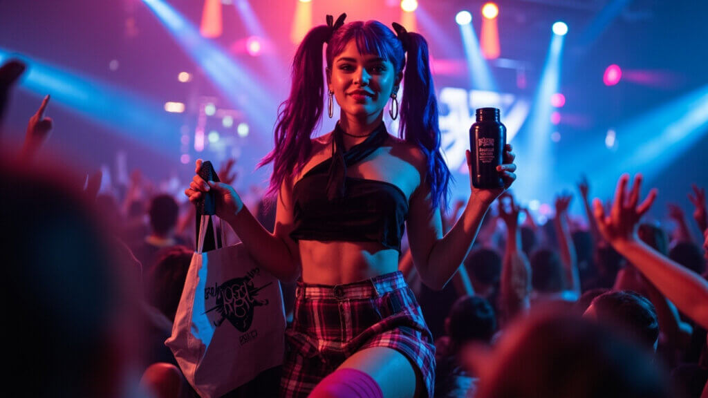 A young K-pop fan showing off limited-edition merchandise sponsored by a global brand at a concert venue