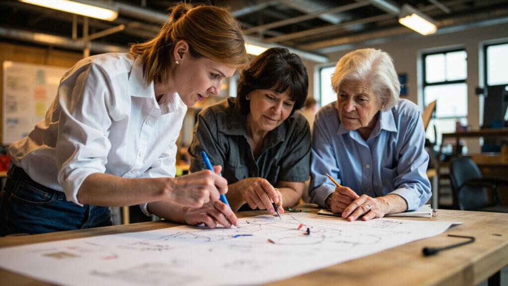 Adults over 50 reviewing electrical plans during a vocational class at a trade school