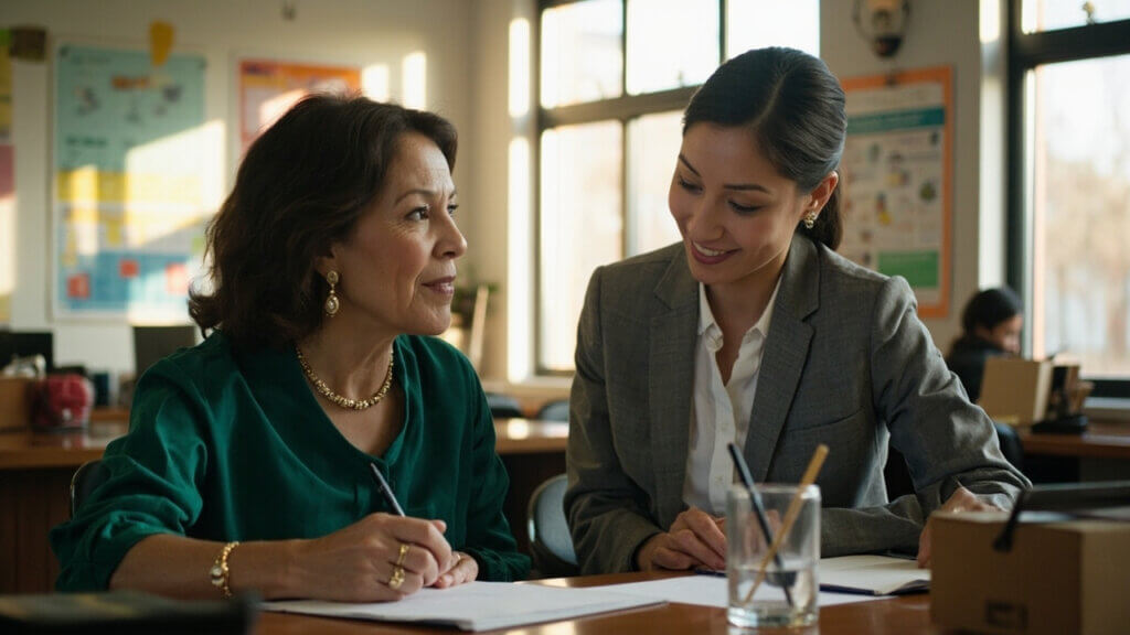 An adult learner discussing financial options with a college advisor in a support office