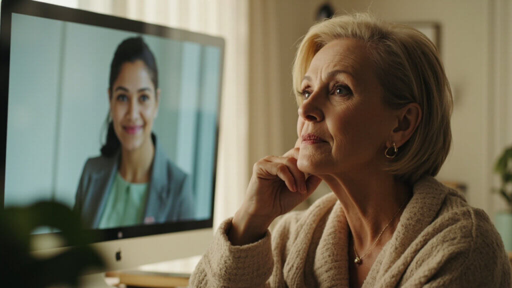 An adult learner speaking with a college advisor about an online degree program
