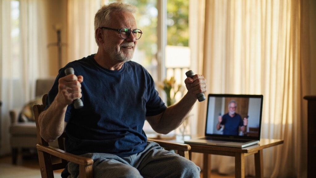 An older adult following a seated exercise video for improved mobility and strength