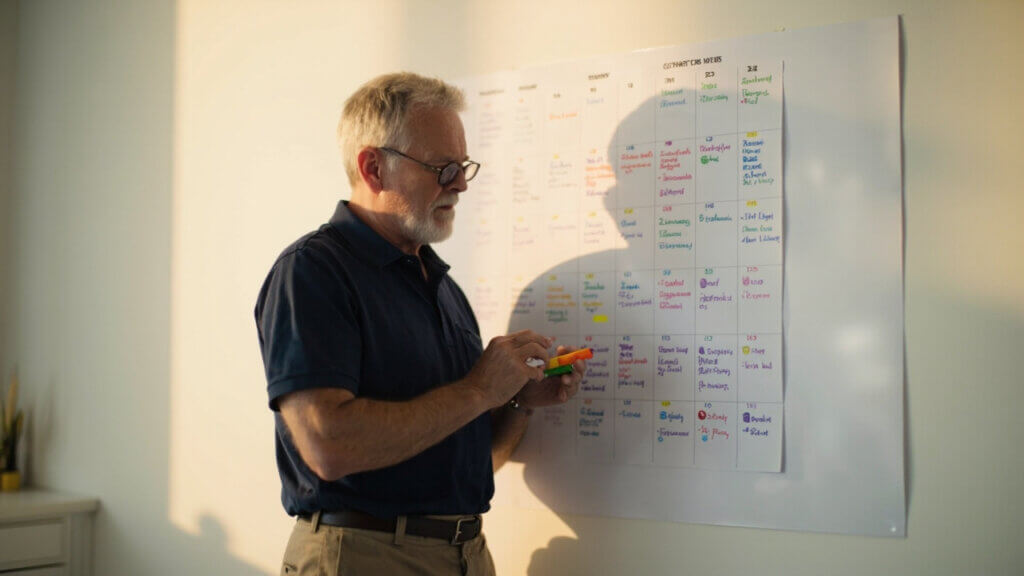 An older adult organizing work, school, and family commitments on a weekly calendar