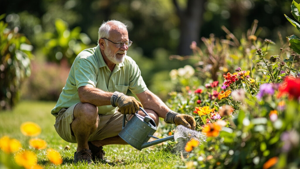 An older adult tending to a garden while house sitting abroad