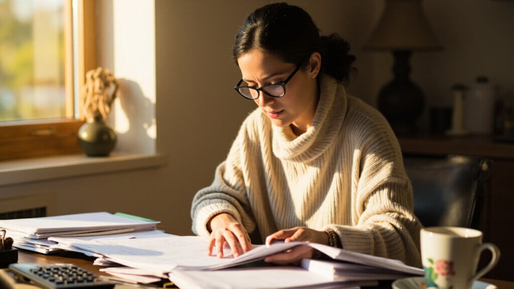 An older female student organizing her financial papers before submitting her FAFSA