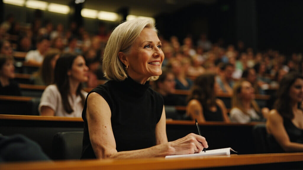 An older female student smiling while taking notes during a college lecture