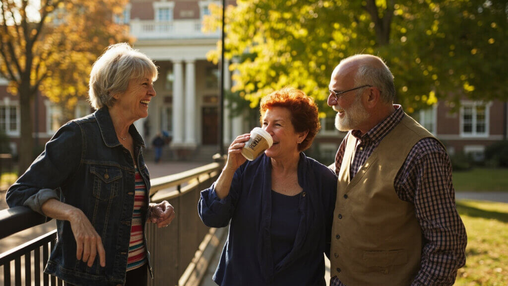 Senior citizens enjoying a conversation between classes on a college campus