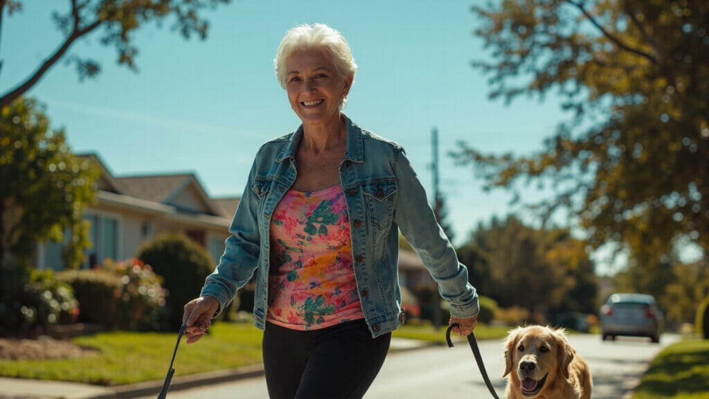 A retired woman enjoying a dog-walking side gig in her community