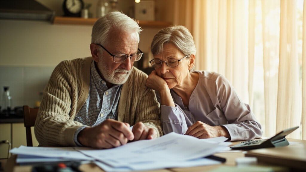 A senior couple in their 60s looking over Social Security paperwork and bills together