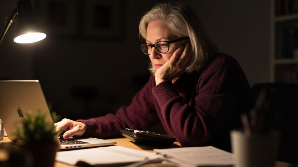 A senior woman calculating her budget and researching side hustle ideas online