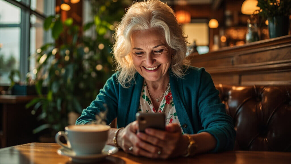A senior woman exploring new Facebook features on her smartphone