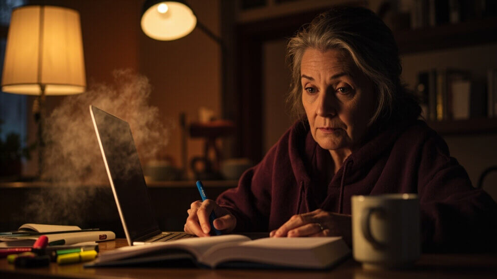 Adult learner studying for online college courses in the evening