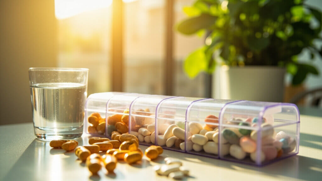 Daily joint health supplements laid out in a pill organizer next to a glass of water