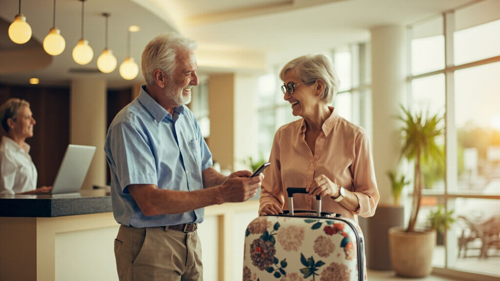 Happy older couple checking into their hotel for a summer trip