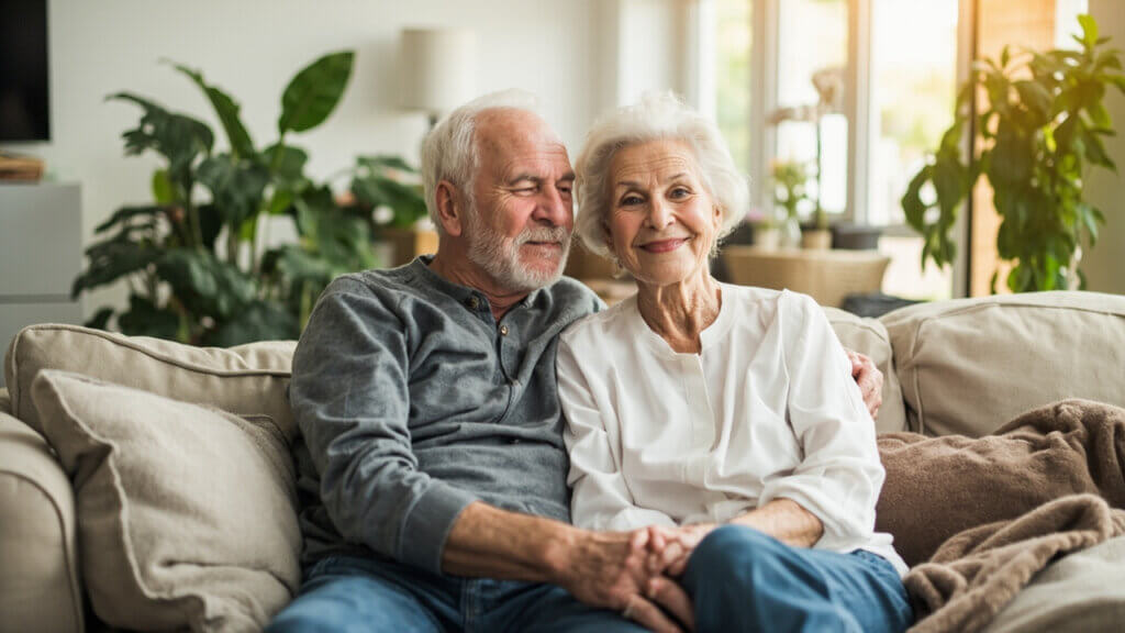 Happy senior couple enjoying their downsized, clutter-free home