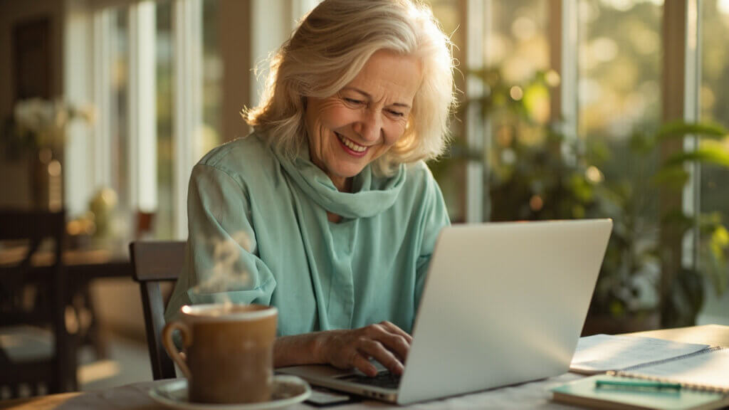Happy woman over 50 working from home on her side hustle laptop setup