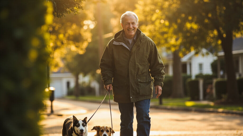Man over 50 walking dogs as a side hustle in a suburban area