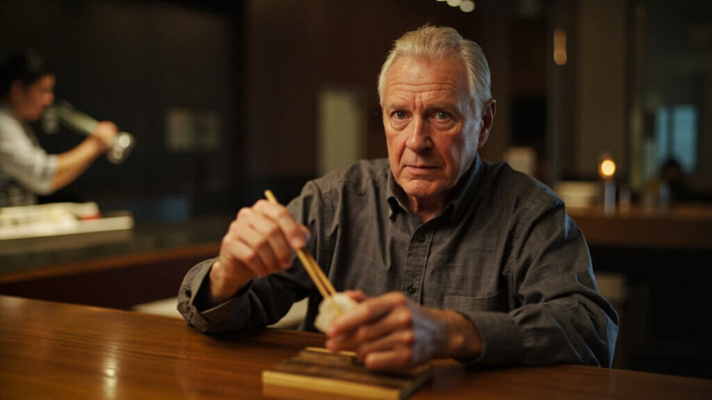 Mature solo traveler savoring sushi at a calm Tokyo restaurant