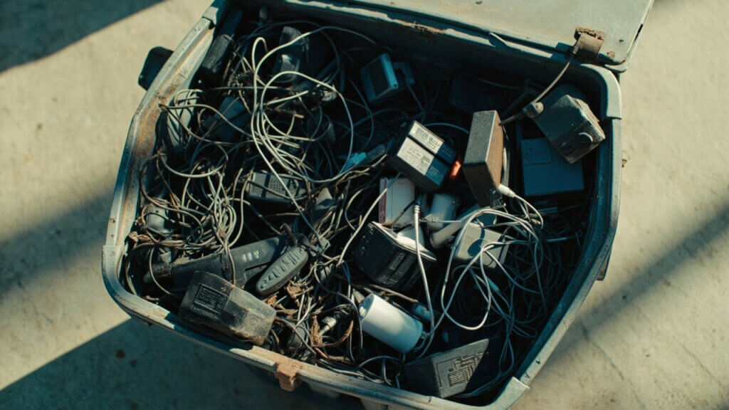 Old, tangled electronics and cords in a recycle bin