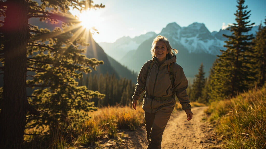 Older adult enjoying a solo nature hike in the Canadian Rockies