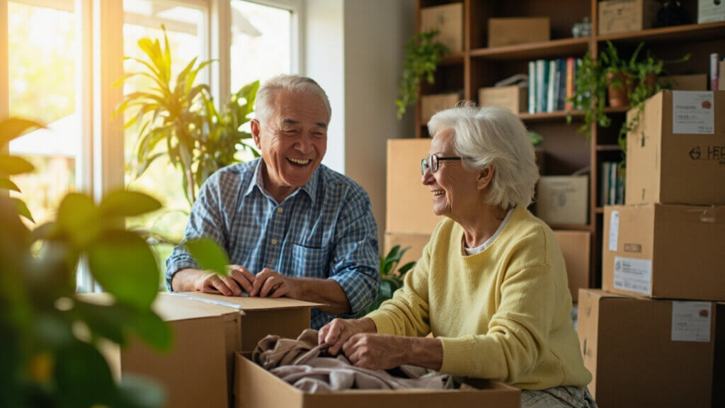 Older couple preparing to downsize by packing boxes in a cheerful home setting