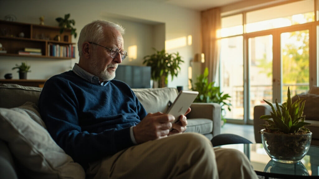 Older homeowner using a smart doorbell to monitor who’s at the front door remotely