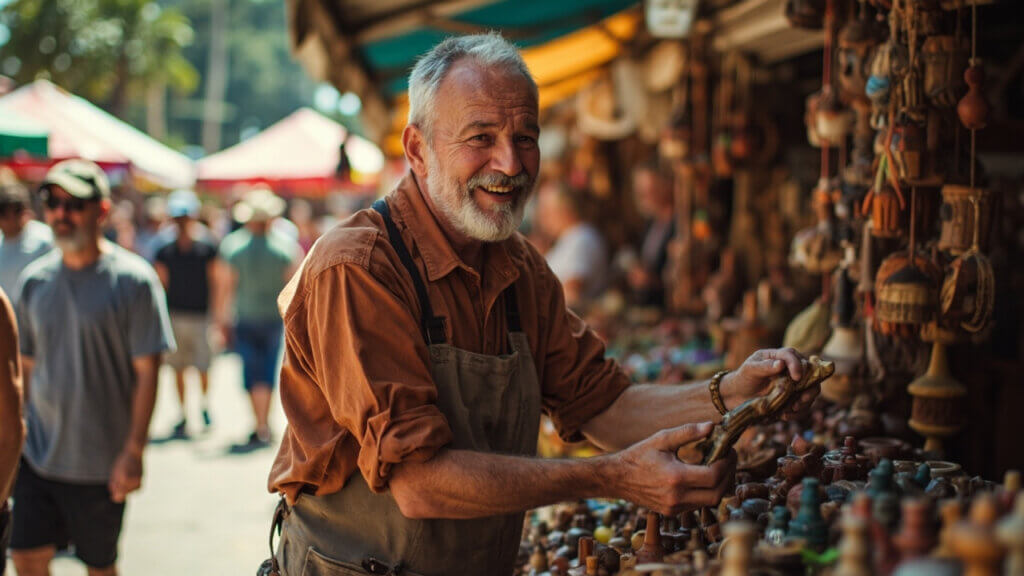 Older man enjoying his side hustle selling handmade products at a local fair