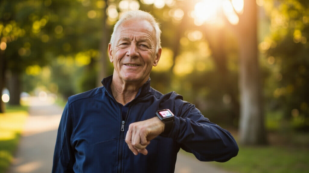 Older man reviewing heart rate and steps on a smart health watch