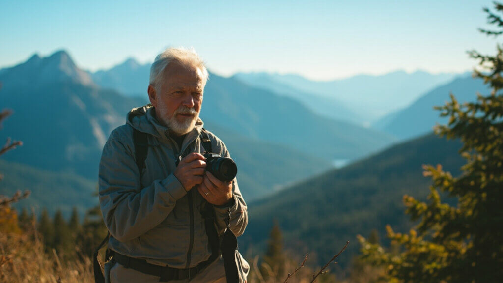 Older solo traveler enjoying scenic Canadian wilderness on a solo adventure