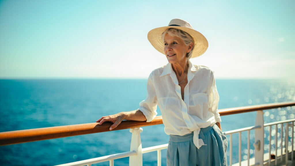 Older woman enjoying the ocean breeze on a cruise deck