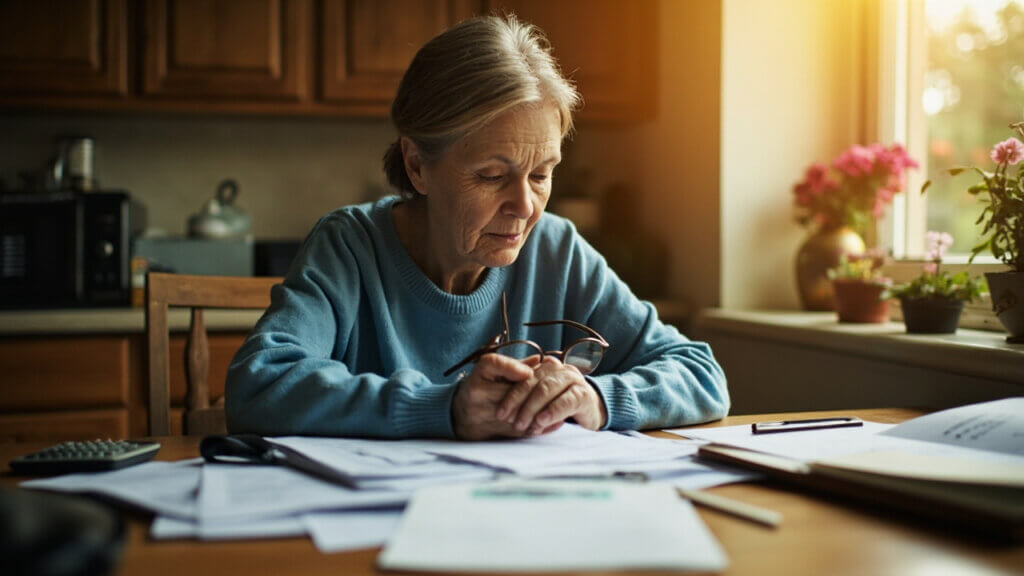 Older woman organizing her financial paperwork before applying for FAFSA