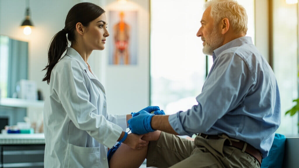 Physician preparing arthritis joint injection for a senior patient’s knee
