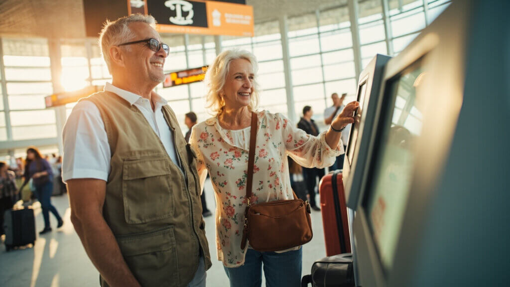 Senior couple checking in for their flight at an airport kiosk with smiles