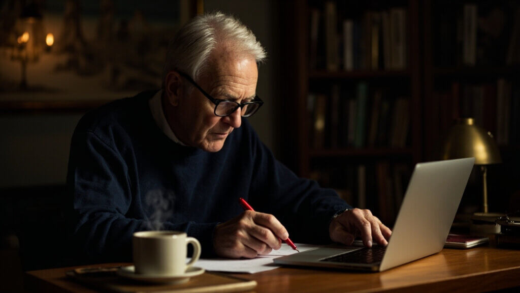 Senior man editing an article draft at his home office with coffee