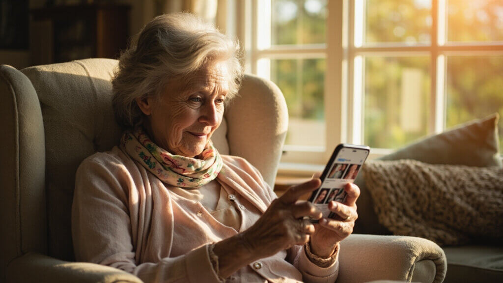 Senior scrolling through Facebook’s new auto-organized family photo album feature