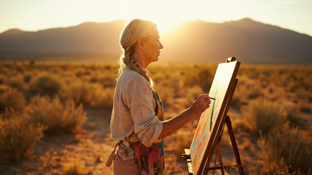 Senior traveler enjoying a solo painting retreat in Santa Fe, New Mexico