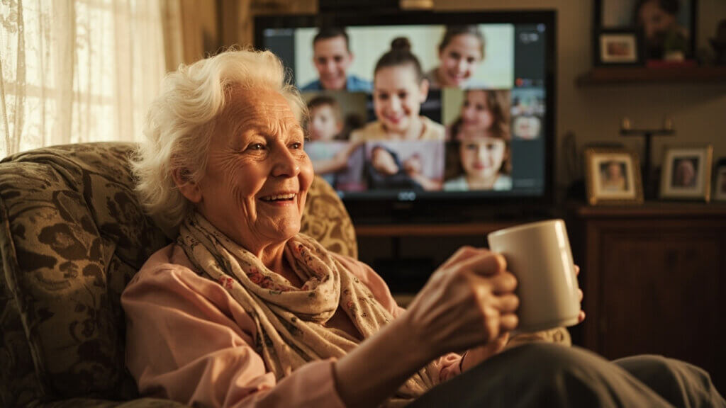 Senior woman chatting with her grandkids using a smart home video display