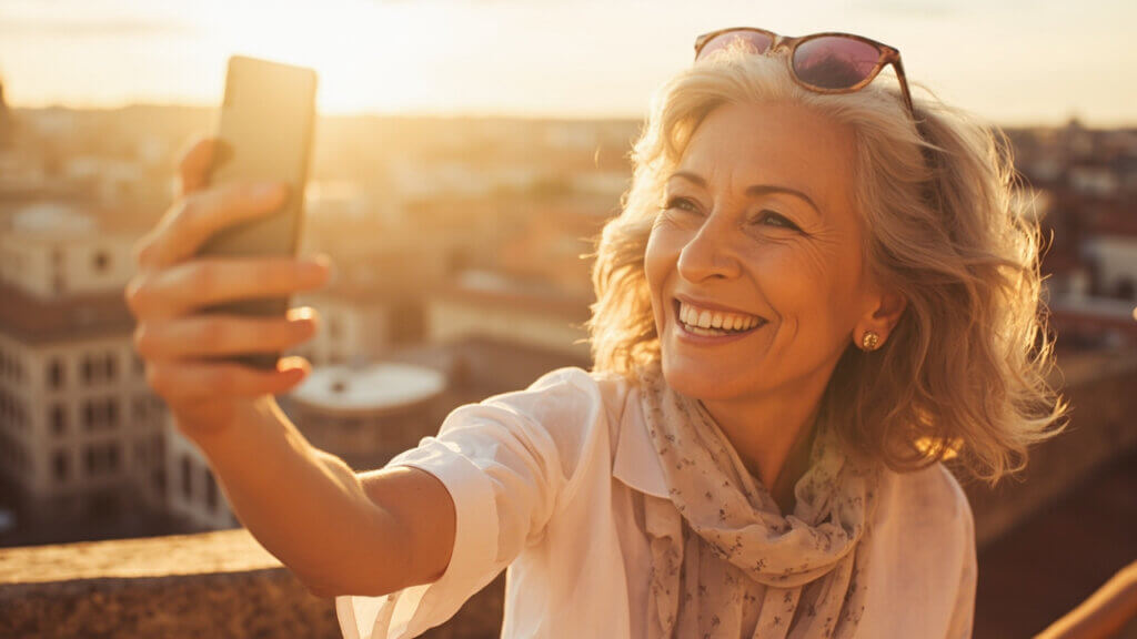 Solo senior traveler smiling while exploring a European city in the summer