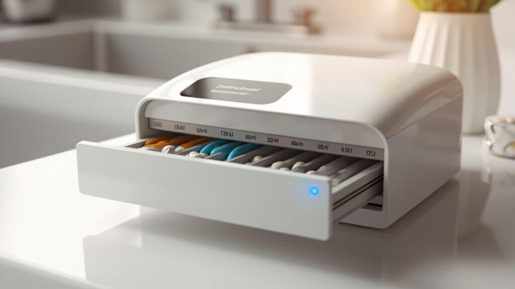 AI-powered pill dispenser helping an older adult manage medications at home
